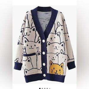 XL Cat Patterned Cardigan with Navy Trim